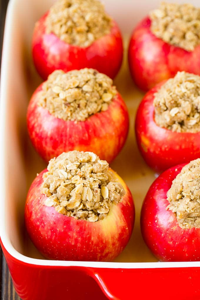 Baked Apples | Stuffed Apples #apples #fall #dessert #sweettooth #jonep Oatmeal and brown sugar stuffed into hollowed out fruit.