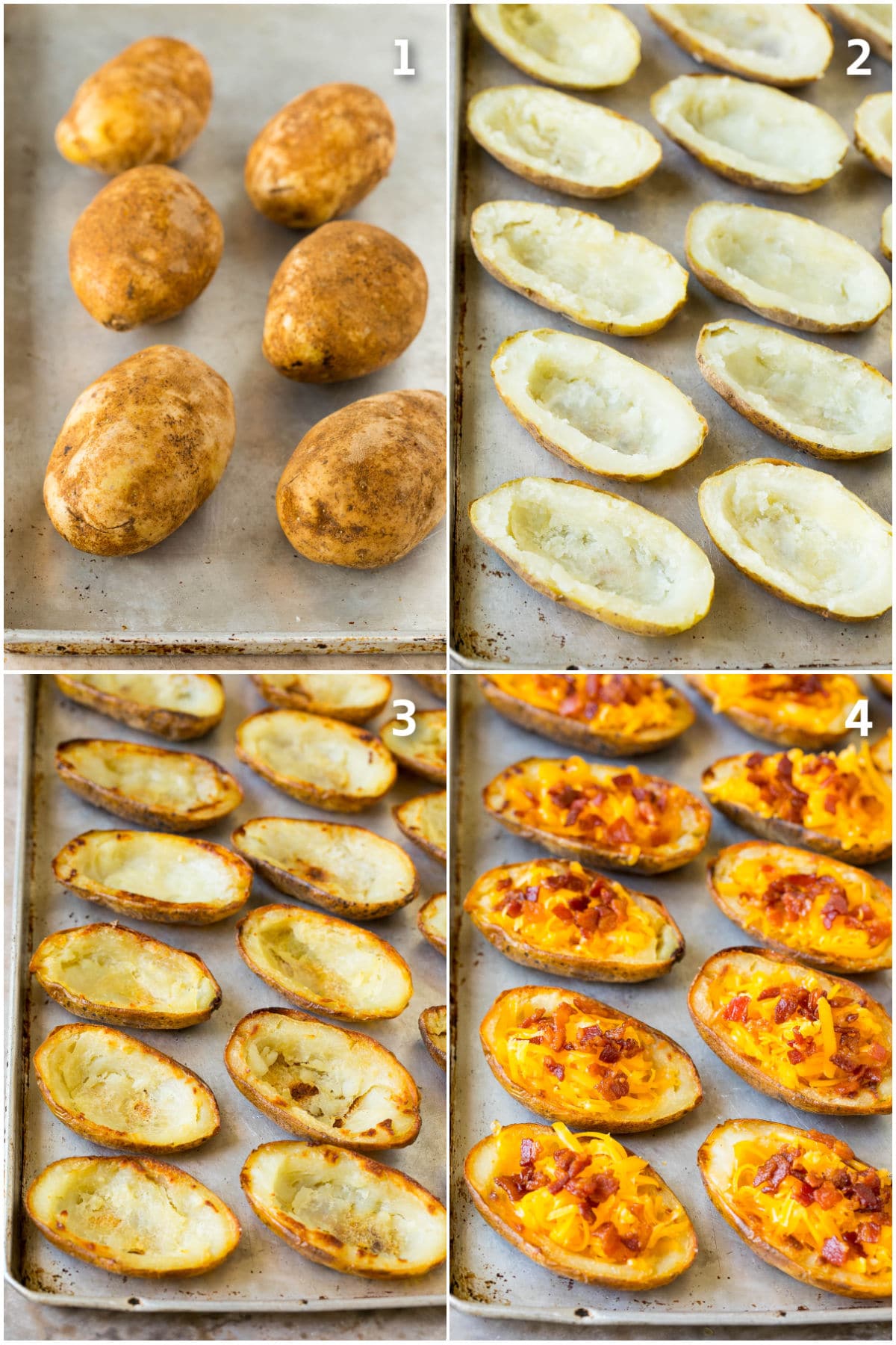 Potato Skins Recipe | Loaded Potatoes #potatoes #appetizer #snack #cheese #bacon #jonep Step by step photos of potatoes being baked and filled with toppings.