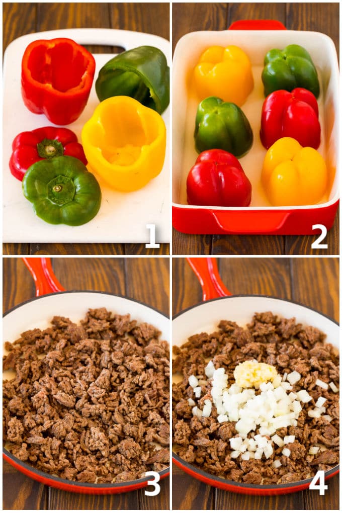 Stuffed Bell Peppers Recipe | Stuffed Peppers #beef #rice #peppers #dinner #cheese #jonep Step by step process shots on cooking bell peppers and ground beef.