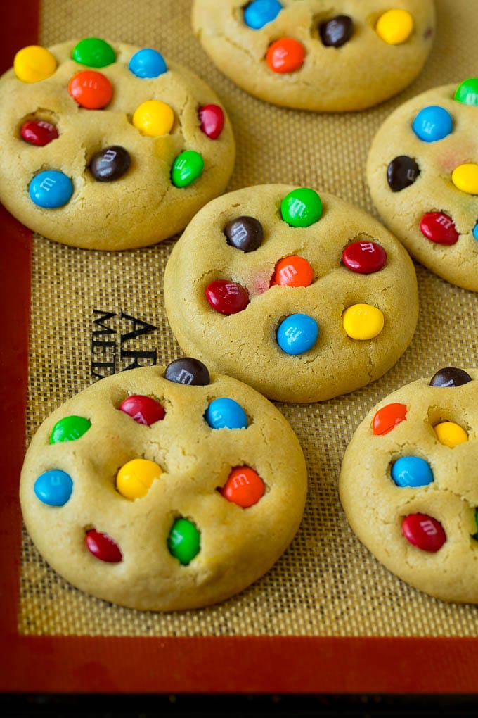 M&M Cookies Recipe #cookies #chocolate #baking #dessert #sweets #jonep Baked cookies on a sheet pan.