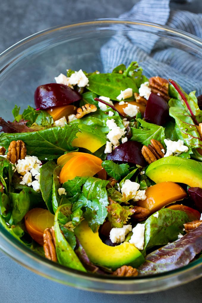 Beet Salad Recipe #beets #avocado #feta #salad #dinner #jonep Beet salad with mixed greens, feta cheese and avocado.