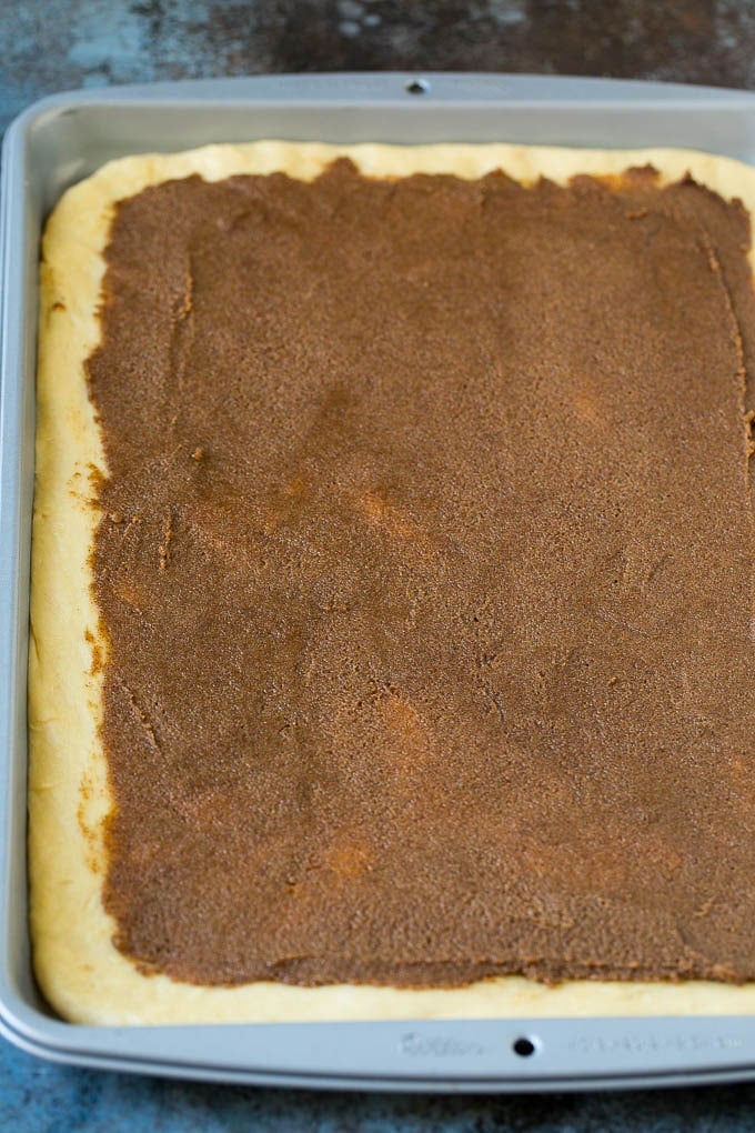 Cinnamon Rolls Recipe | Cinnamon Buns #cinnamon #rolls #pastry #breakfast #brunch #sweets #jonep #baking #bread Brown sugar and butter filling spread onto dough.