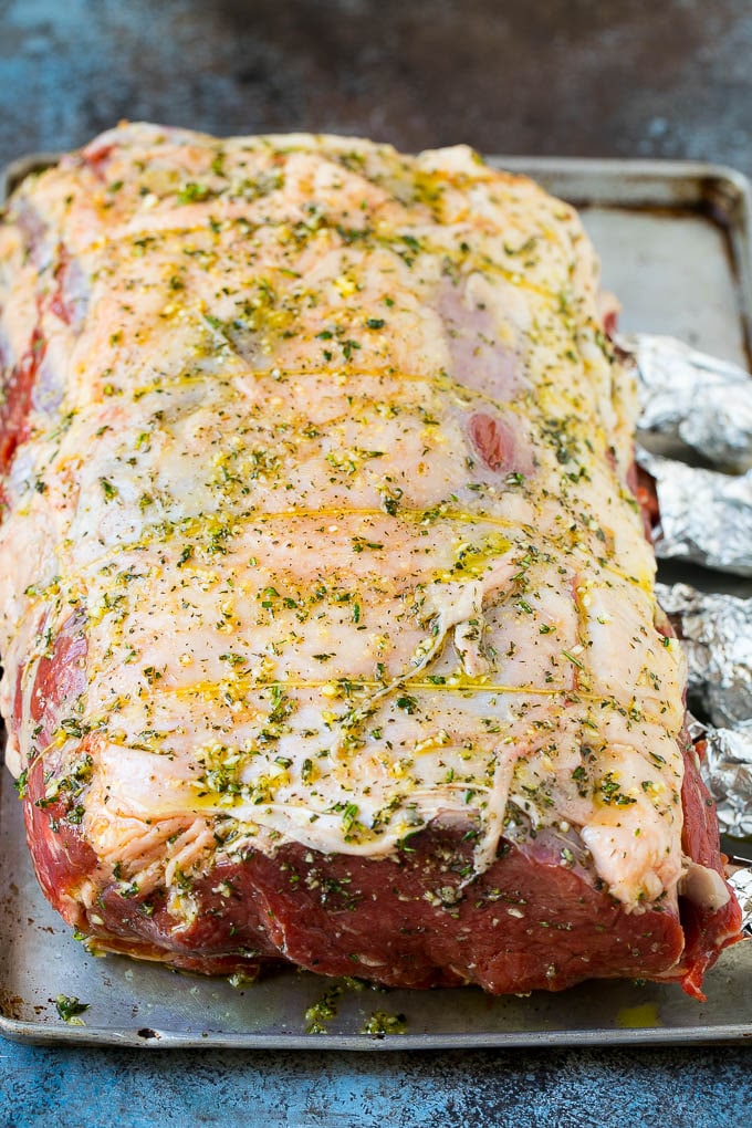 Prime Rib Recipe #primerib #beef #roast #dinner #thanksgiving #christmas #keto #lowcarb #jonep Prime rib coated in garlic, herbs and olive oil.