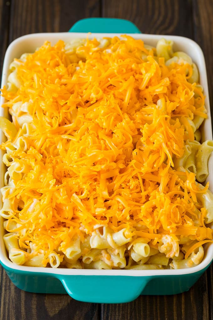 Southern Mac and Cheese | Baked Macaroni and Cheese #pasta #macandcheese #dinner #comfortfood #cheese #jonep A dish full of Southern macaroni and cheese ready to be served.