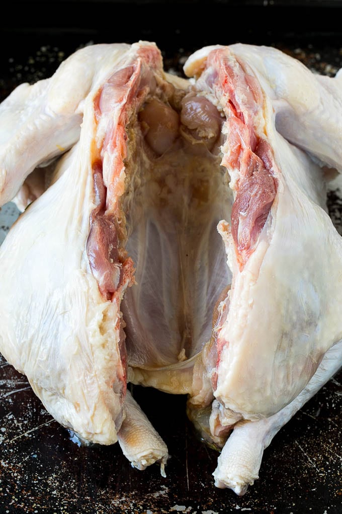 Spatchcock Turkey | Roasted Turkey | Thanksgiving Turkey #turkey #thanksgiving #dinner #fall #christmas #jonep Raw poultry with the backbone cut out.