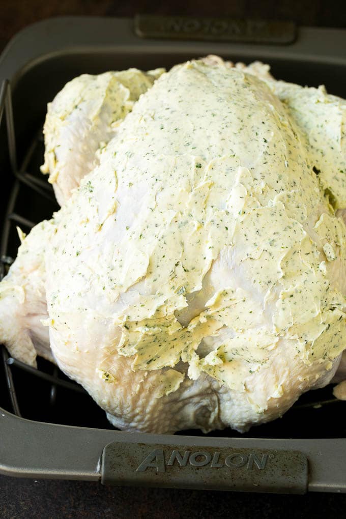 Thanksgiving Turkey Recipe | Roasted Turkey #turkey #thanksgiving #fall #dinner #jonep A turkey coated in herb butter.