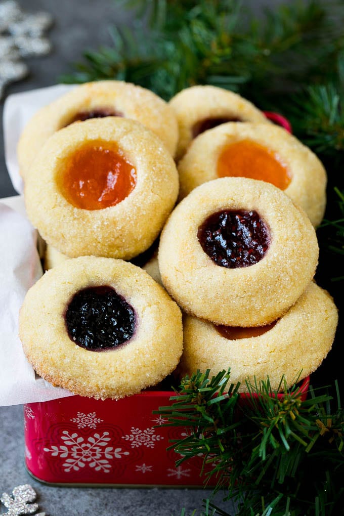 Thumbprint Cookies | Sugar Cookies #cookies #baking #christmas #dessert #jonep Thumbprint cookies in a tin for gift giving.