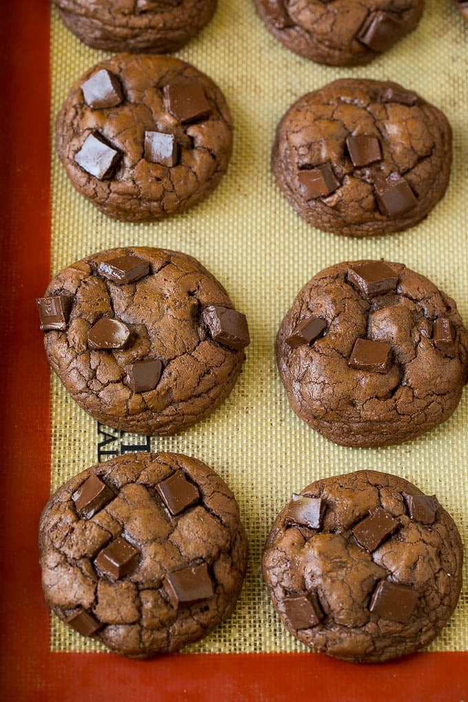 Brownie Cookies Recipe | Chocolate Cookies #cookies #brownies #chocolate #dessert #baking #jonep Baked chocolate cookies on a sheet pan.