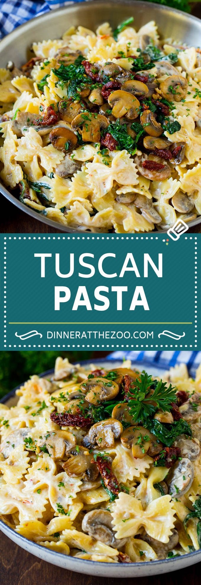Tuscan Farfalle Pasta Recipe #pasta #cheese #spinach #mushrooms #dinner #jonep