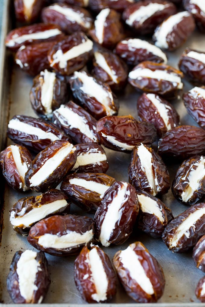 Bacon Wrapped Dates #appetizer #bacon #dates #cheese #jonep Dates cut in half and filled with goat cheese.