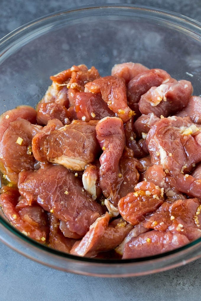 Bahn Mi Sandwich Recipe #sandwich #pork #lunch #dinner #jonep Marinated pork slices in a bowl.