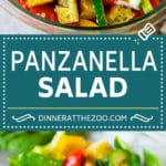 Panzanella salad with toasted bread cubes and colorful vegetables all tossed in a homemade dressing. #salad #jonep
