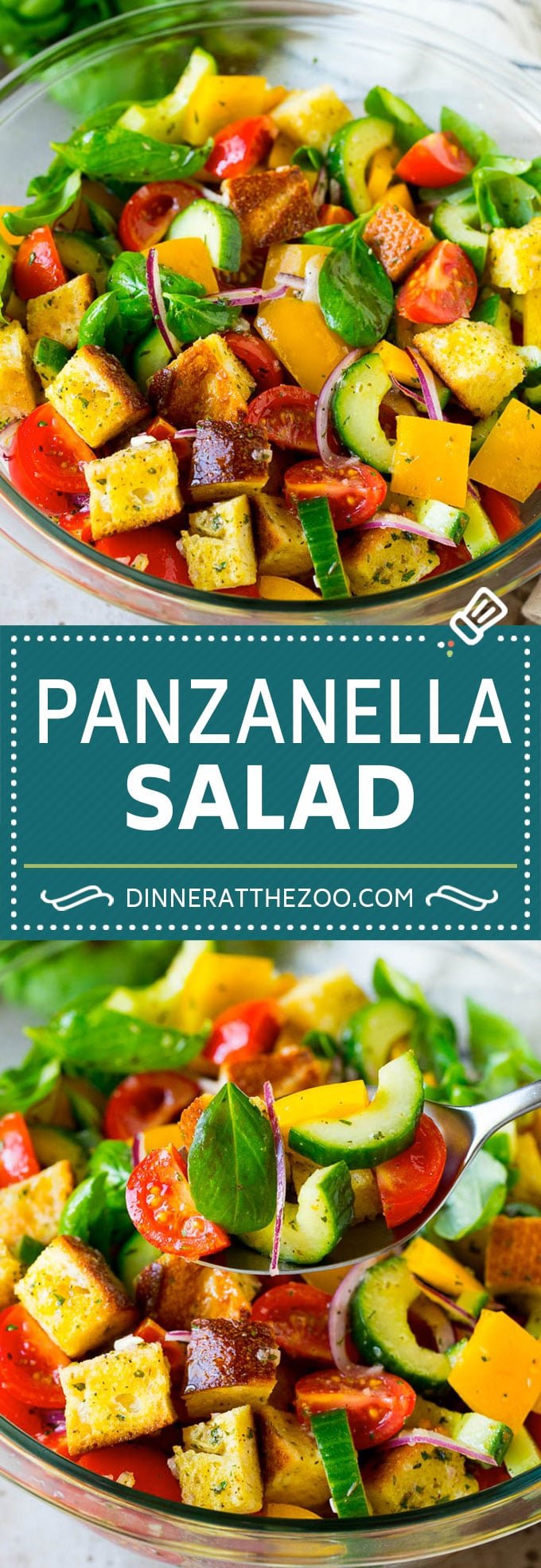 Panzanella salad with toasted bread cubes and colorful vegetables all tossed in a homemade dressing. #salad #jonep
