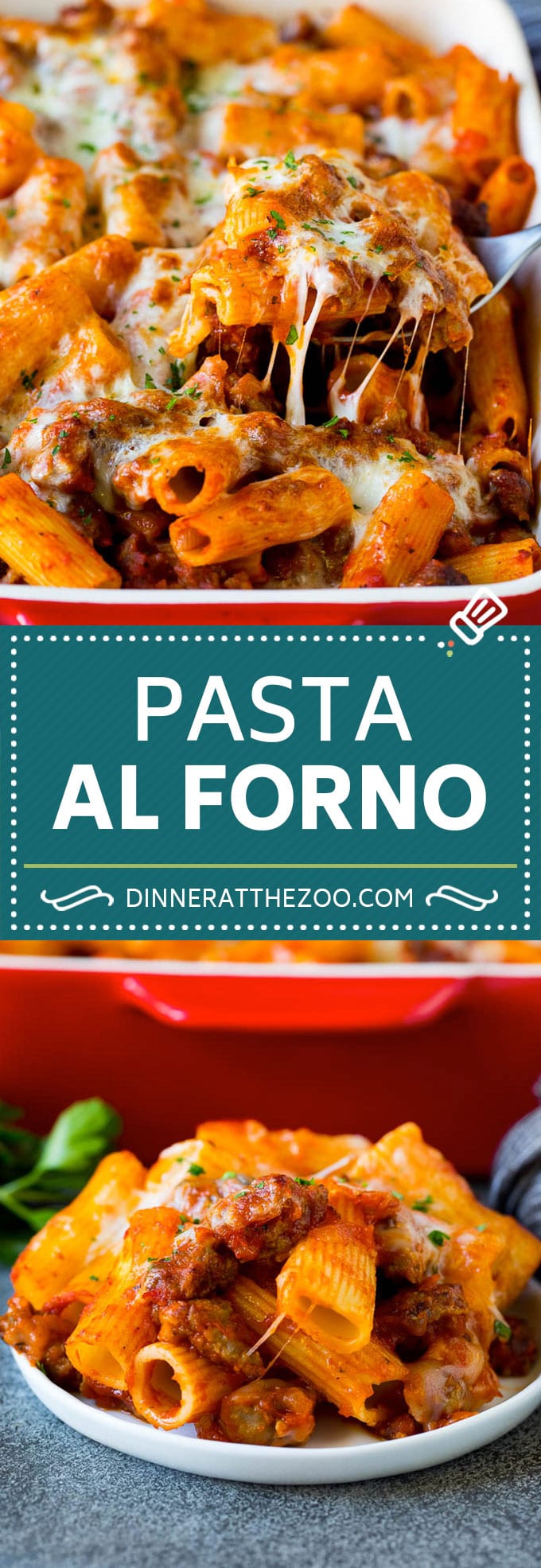 Pasta al Forno is hearty rigatoni noodles tossed in a savory meat sauce then topped with cheese and baked. #pasta #jonep