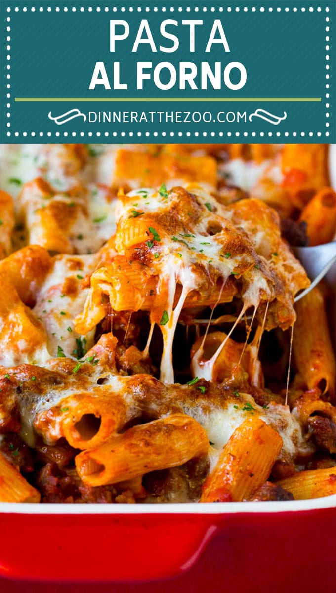 Pasta al Forno is hearty rigatoni noodles tossed in a savory meat sauce then topped with cheese and baked. #pasta #jonep