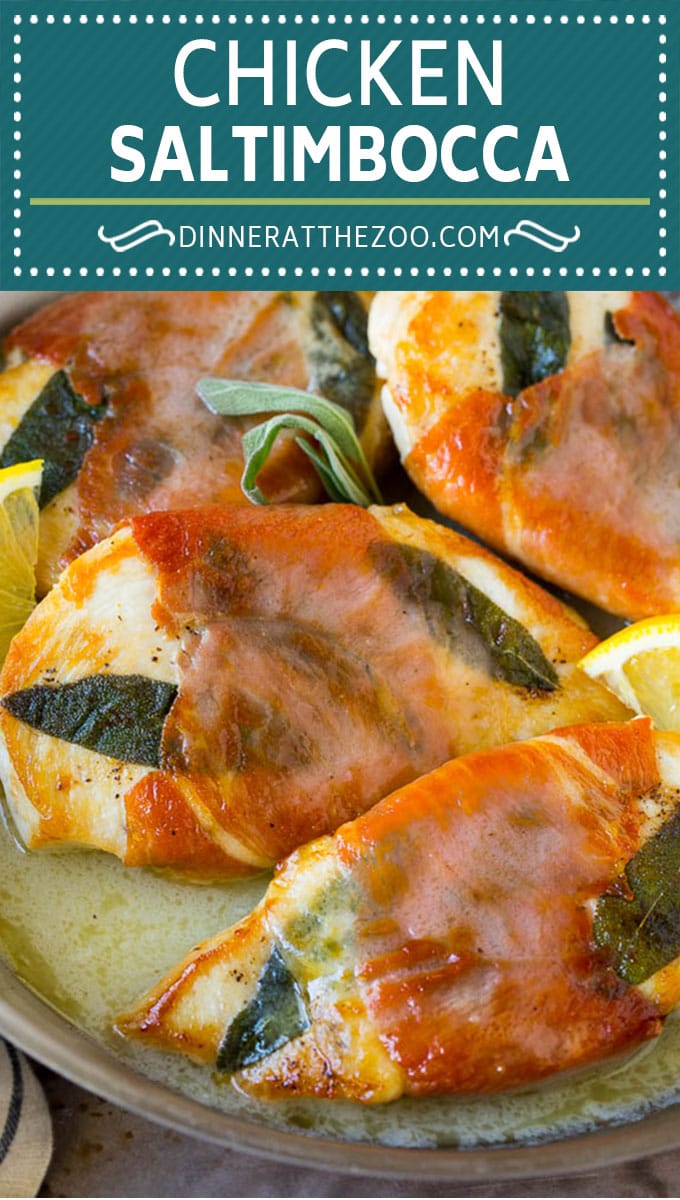 Chicken saltimbocca is chicken cutlets flavored with sage and prosciutto in a lemon sauce. #chicken #jonep