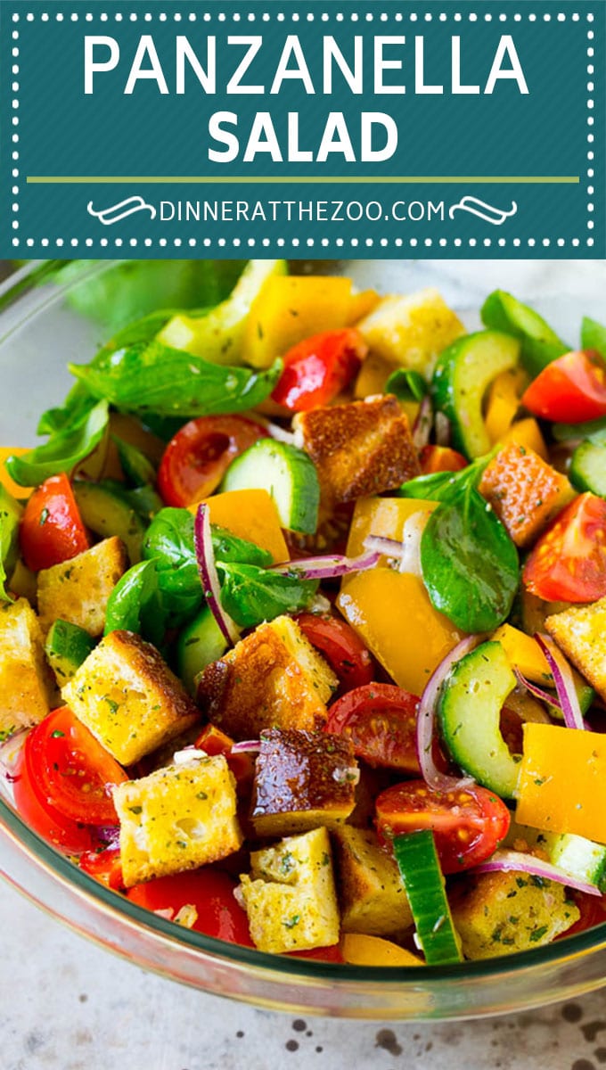 Panzanella salad with toasted bread cubes and colorful vegetables all tossed in a homemade dressing. #salad #jonep
