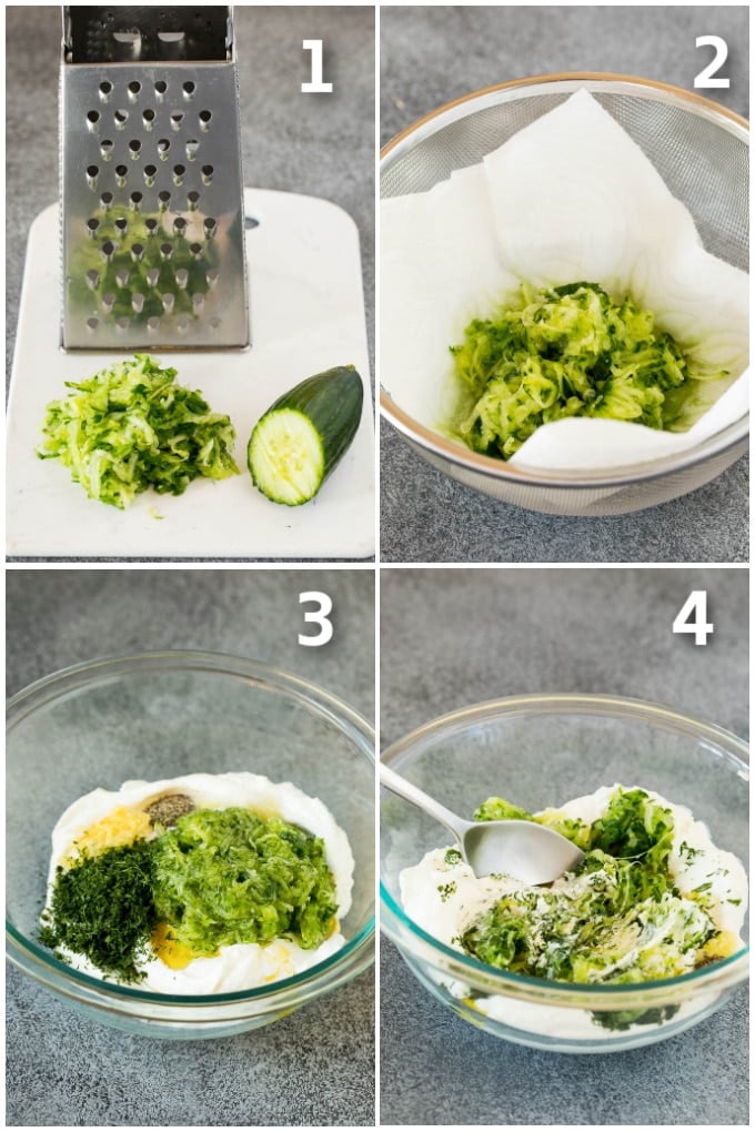 The best homemade tzatziki sauce with cucumber and herbs mixed into Greek yogurt. #appetizer #jonep Process shots including grated cucumber, ingredients in a bowl, and a spoon stirring everything.