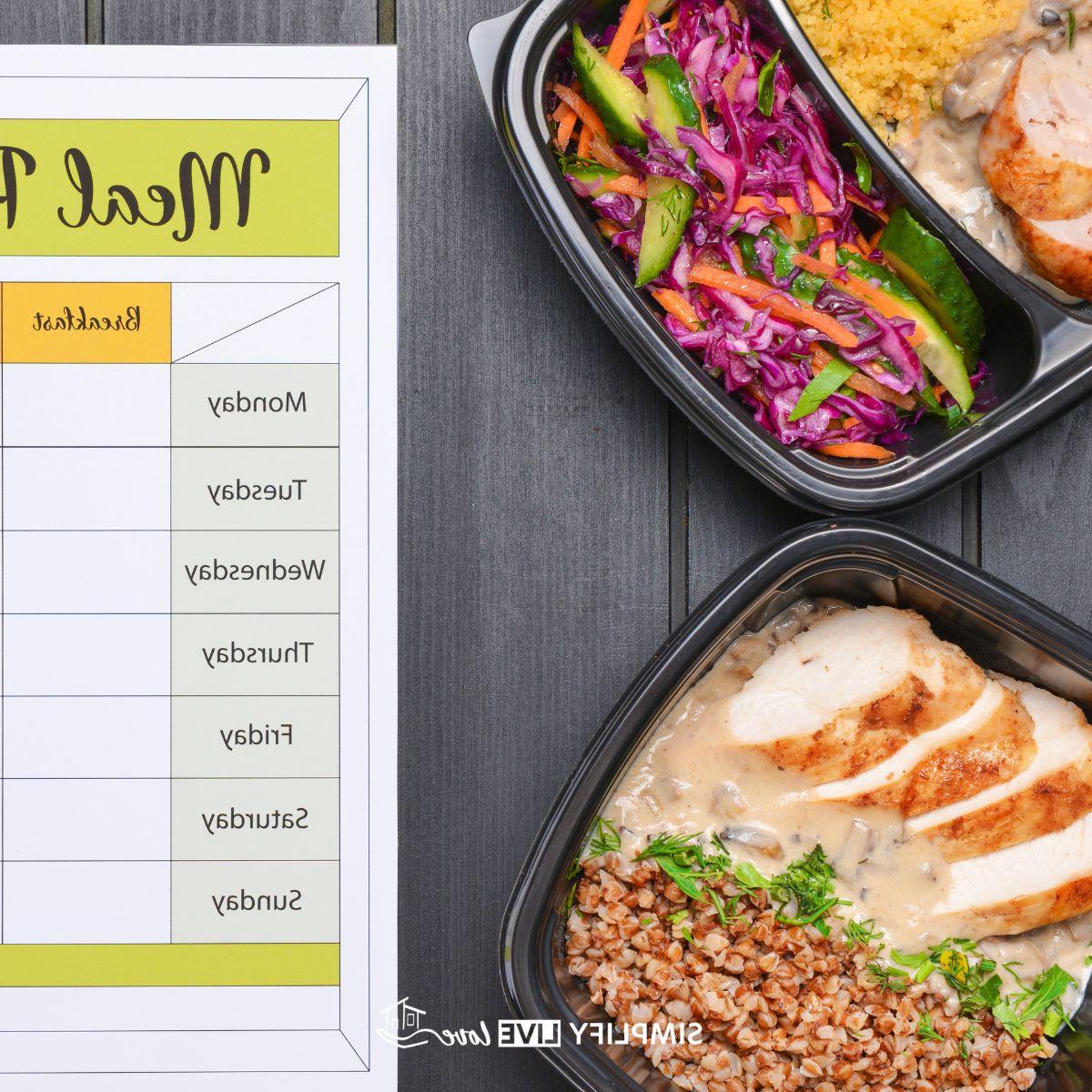 Geld en Etes: Ontsluit die Geheim van Suksesvolle Gesinsmaaltydbeplanning 2 portioned meals of meat and vegetables alongside a printed family meal plan menu