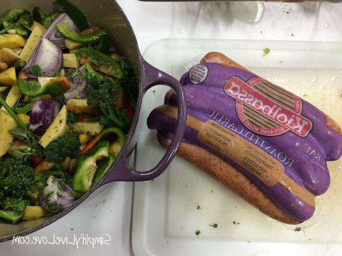 Farm to Table Roasted Vegetables w Fresh Herbs & Kielbasa add kiolbassa {from SimplifyLiveLive.com}