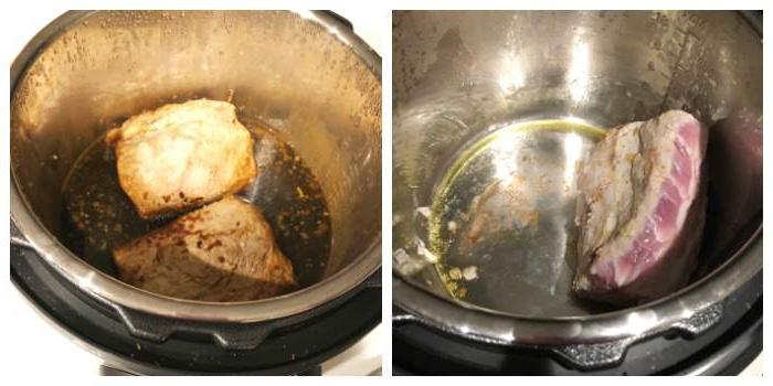 Γιορτινό Χοιρινό Ψητό με Βαλσαμικό και Δεντρολίβανο σε Χύτρα Ταχύτητας 4 Σοτάρισμα του χοιρινού ψητού στο Instant Pot, προσθήκη υγρού, μαγείρεμα σε υψηλή πίεση.