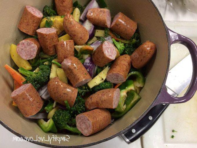 Farm to Table Roasted Vegetables w Fresh Herbs & Kielbasa - ready for the oven {from SimplifyLiveLive.com}