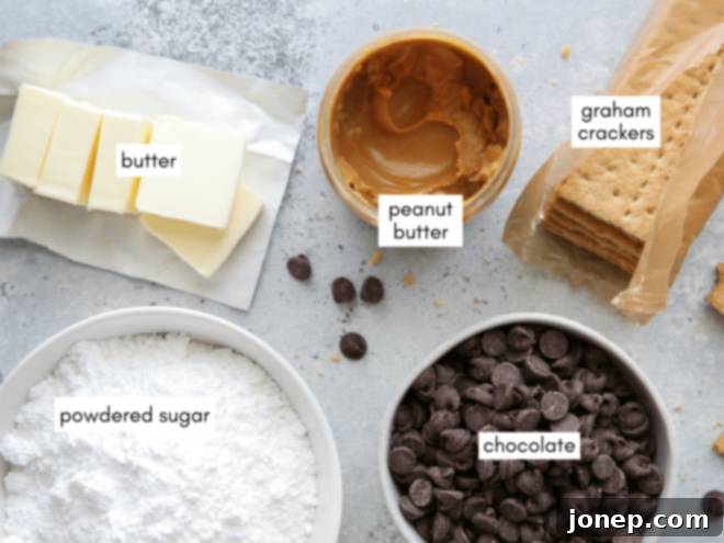 Ultimate Chocolate Peanut Butter No Bake Bars 3 Ingredients for making no-bake chocolate peanut butter bars including peanut butter, graham crackers, powdered sugar, butter, and chocolate chips.