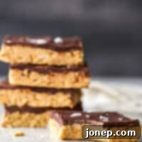 Ultimate Chocolate Peanut Butter No Bake Bars 7 A top-down shot of a pan of sliced no-bake chocolate peanut butter bars.