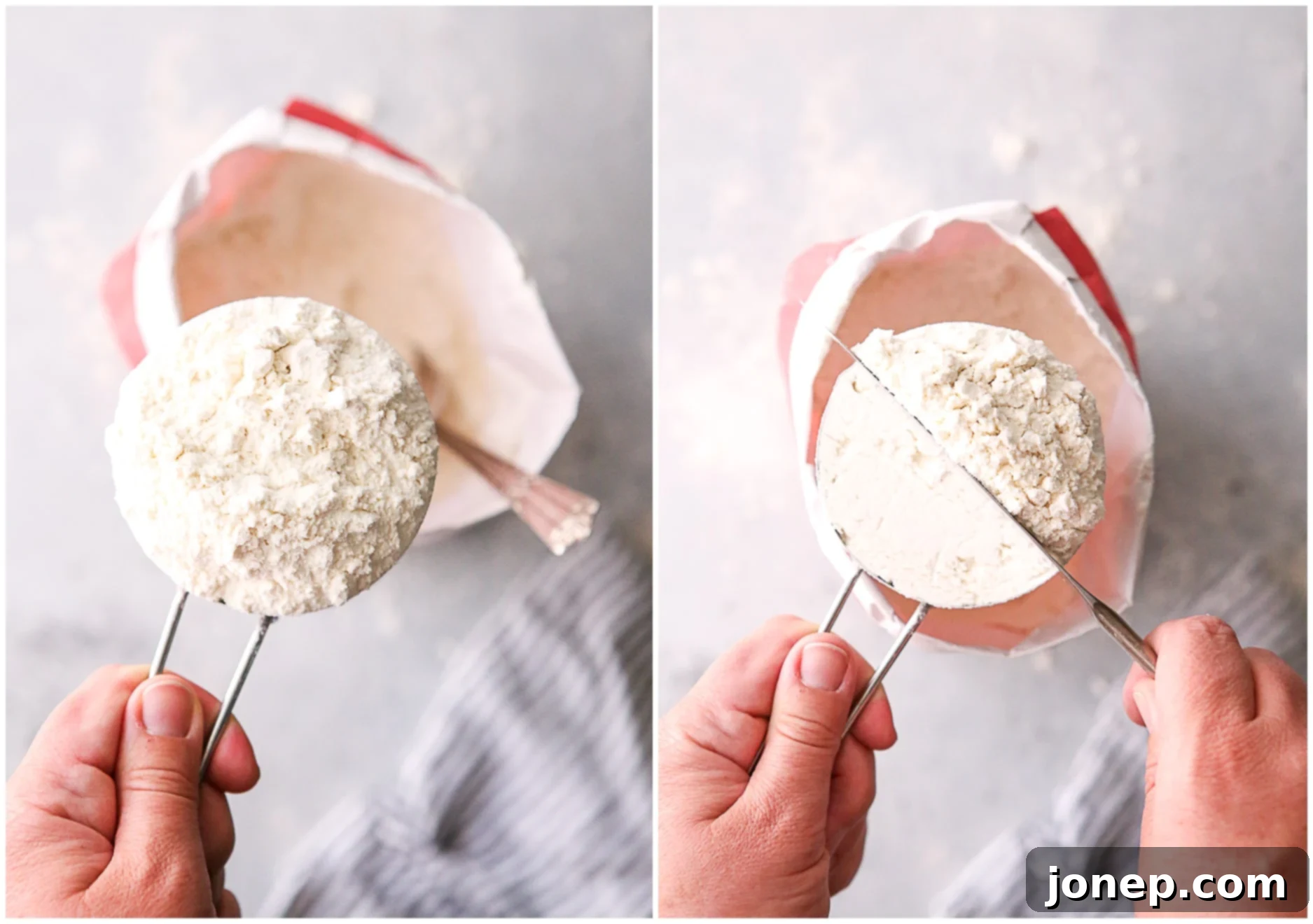 heaping measuring cup full of flour, leveling flour with a knife