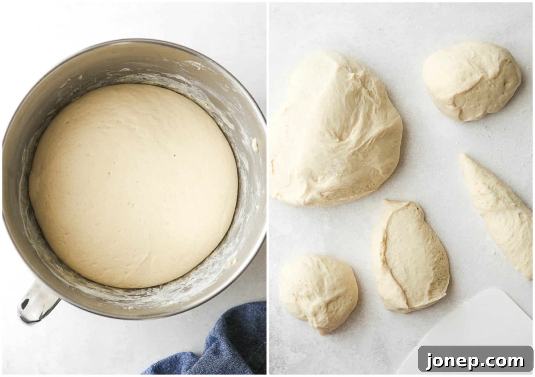 risen dough and cutting into portions