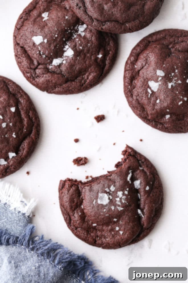 chewy chocolate cookies with fleur de sel with bite taken