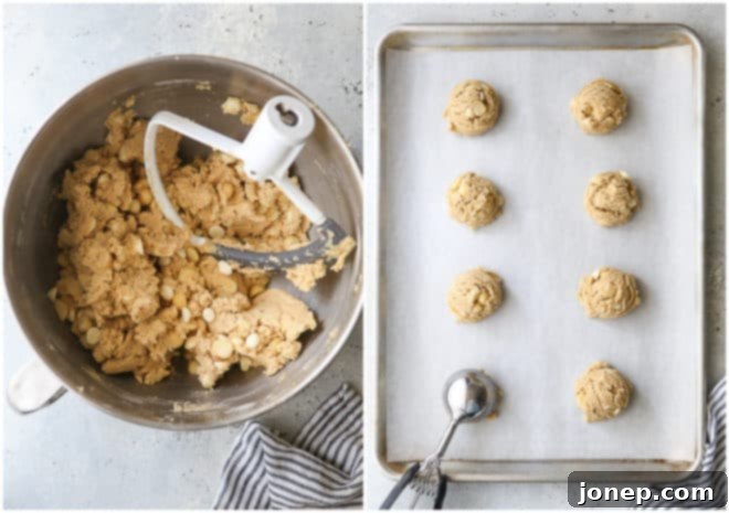 mixed white chocolate macadamia nut cookies on a bowl, and portioned cookie dough rounds on a sheet pan