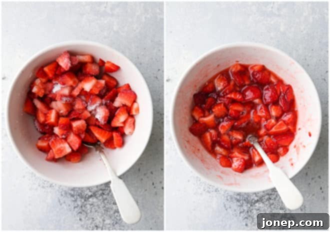 Effortless Strawberry Lemonade 4 Close-up of macerated strawberries in a bowl, with sugar and juice released