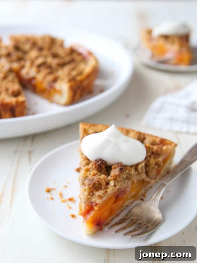 A slice of warm peach crumb tart topped with a scoop of vanilla ice cream, ready to be enjoyed.