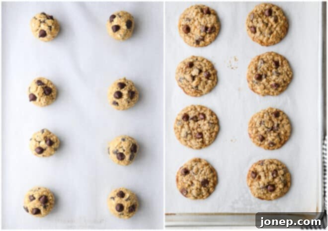 chocolate chip oatmeal cookies, before and after baking
