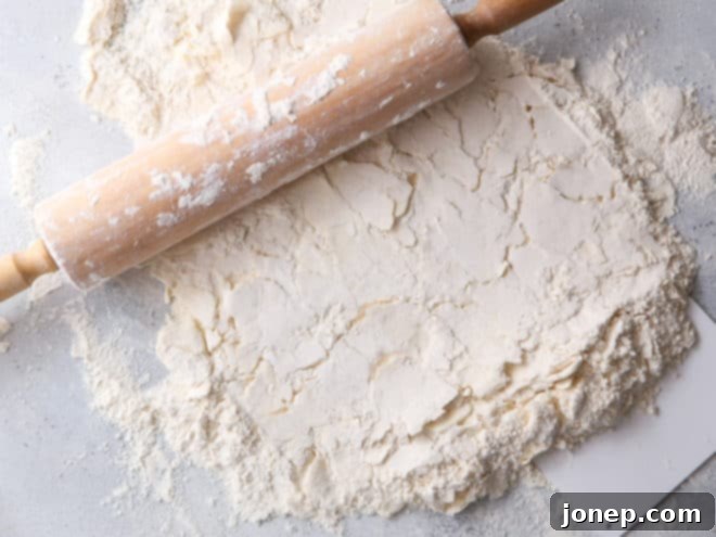 Thin sheets of cold butter visible within the flour mixture, indicating successful rolling.