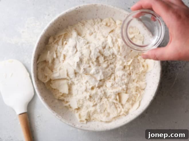 Adding ice-cold water to the butter and flour mixture for pie dough.