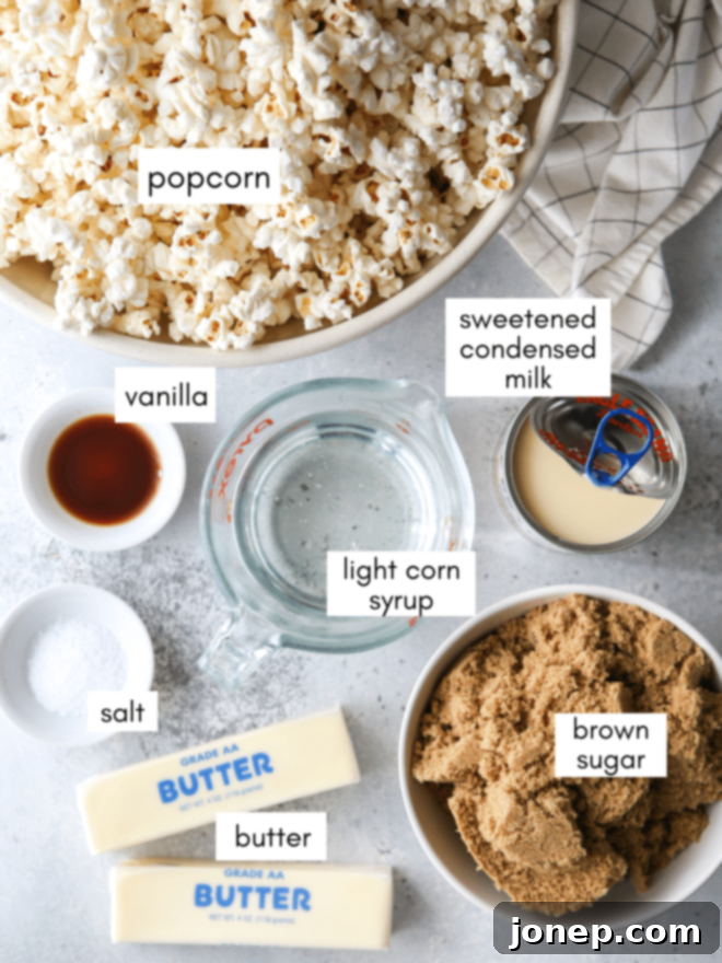 Key ingredients for making homemade soft and chewy caramel corn, laid out for preparation.