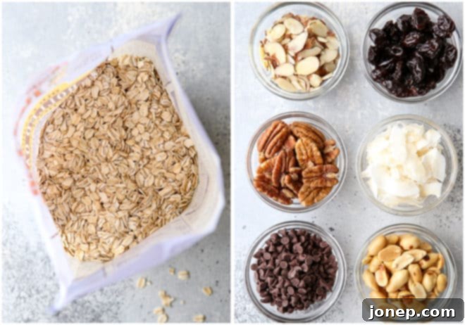 Various granola mix-ins spread out, including nuts, dried fruit, and coconut flakes.