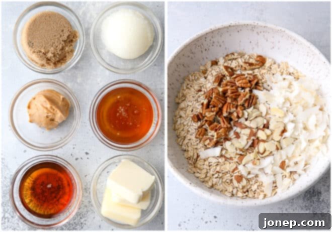 A bowl of mixed dry ingredients for granola, including oats, nuts, and coconut, ready for liquid additions.