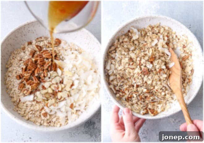 Close-up of granola ingredients being mixed in a large bowl, showing the wet and dry elements combining.
