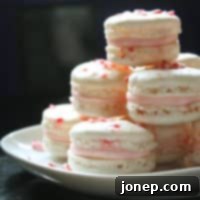 Candy Cane French Macarons recipe card image.