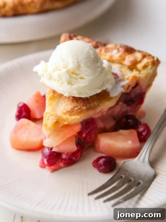 Crimson Pear Delight 2 Closeup of a delicious slice of cranberry pear pie topped with creamy vanilla ice cream, perfect for dessert.
