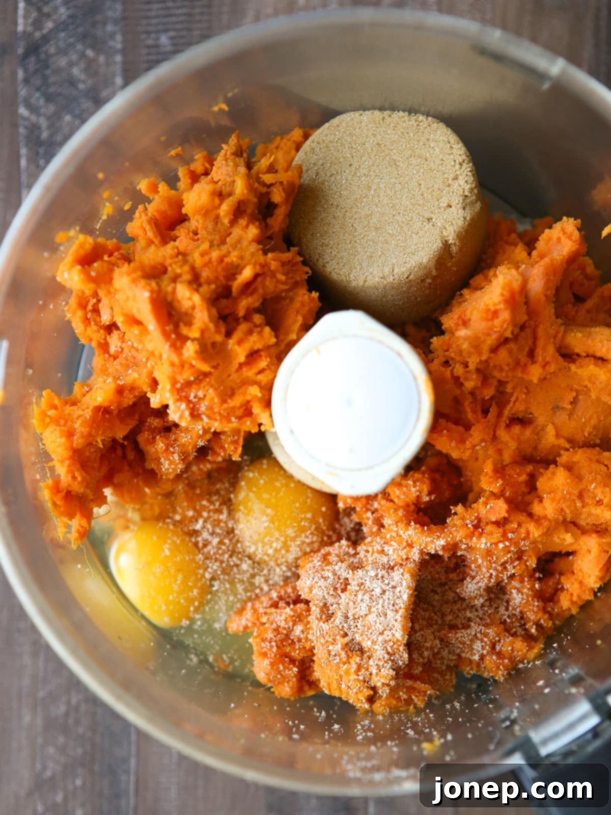 sweet potato filling ingredients in food processor before blending
