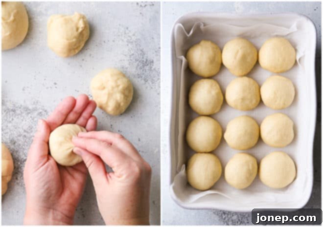 Step-by-step image showing how to shape dough into smooth, round dinner rolls and then placed in a baking pan for the second rise.