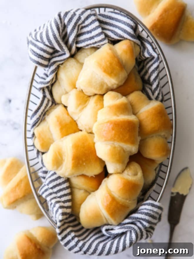 Effortless Cloud Crescents 2 easy no-knead fairy crescent rolls in a bread basket