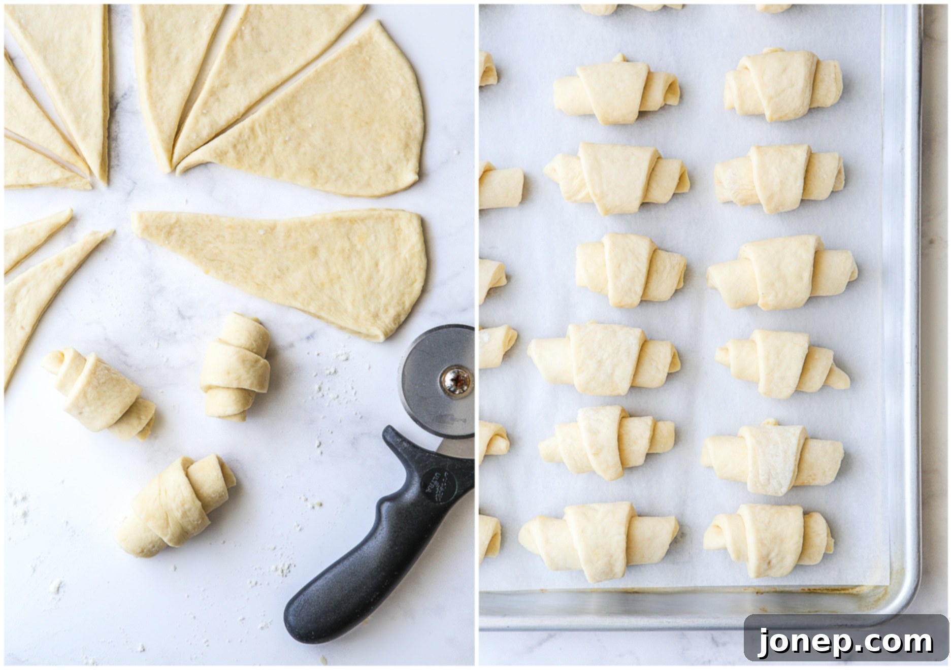 cutting, rolling and putting crescent rolls on a sheet pan