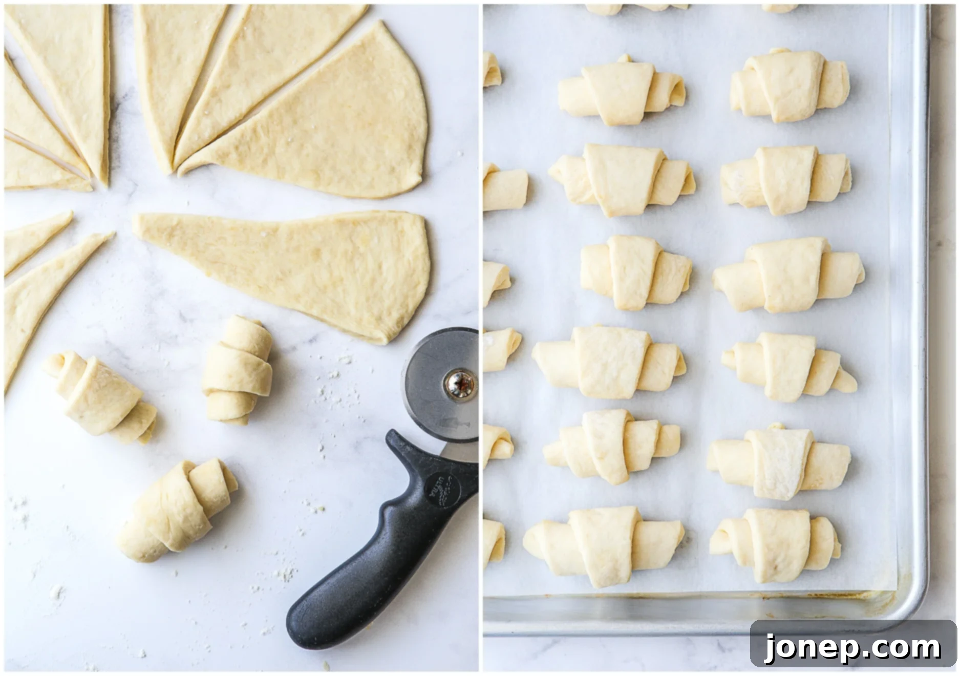 cutting, rolling and putting crescent rolls on a sheet pan
