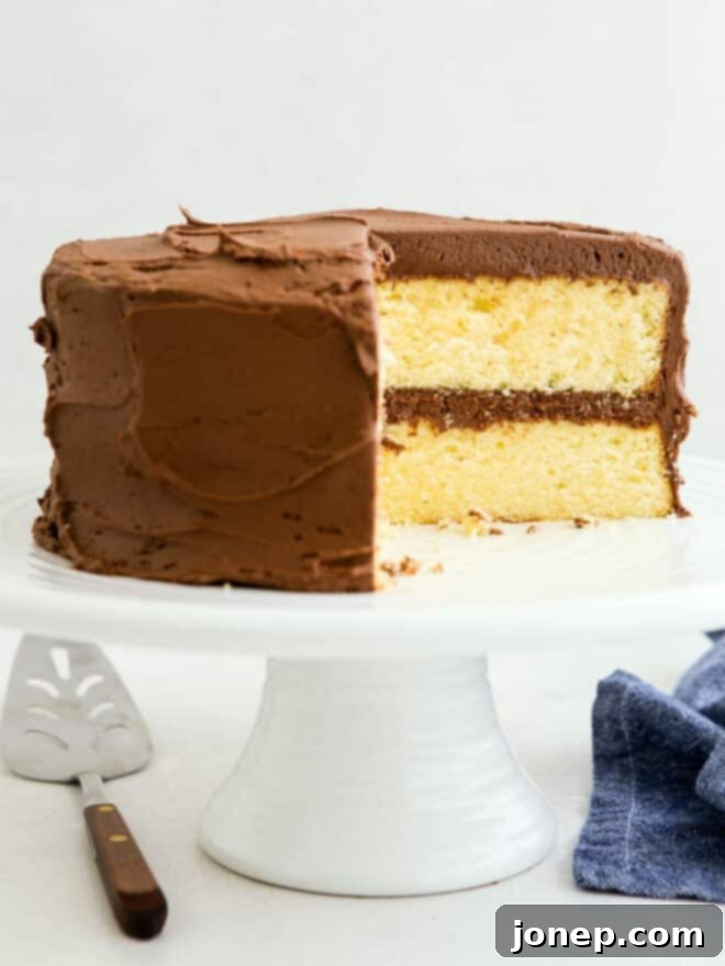 Golden Yellow Cake with Rich Chocolate Frosting 2 yellow cake with chocolate frosting on a cake stand