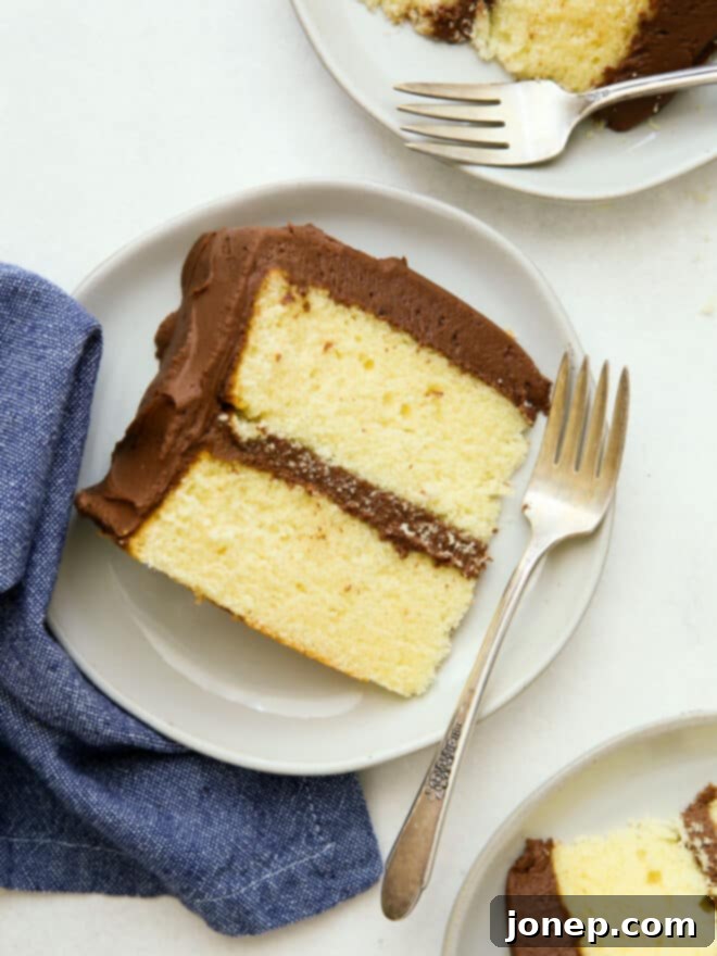 Golden Yellow Cake with Rich Chocolate Frosting 3 close up of a slice of yellow cake with chocolate frosting